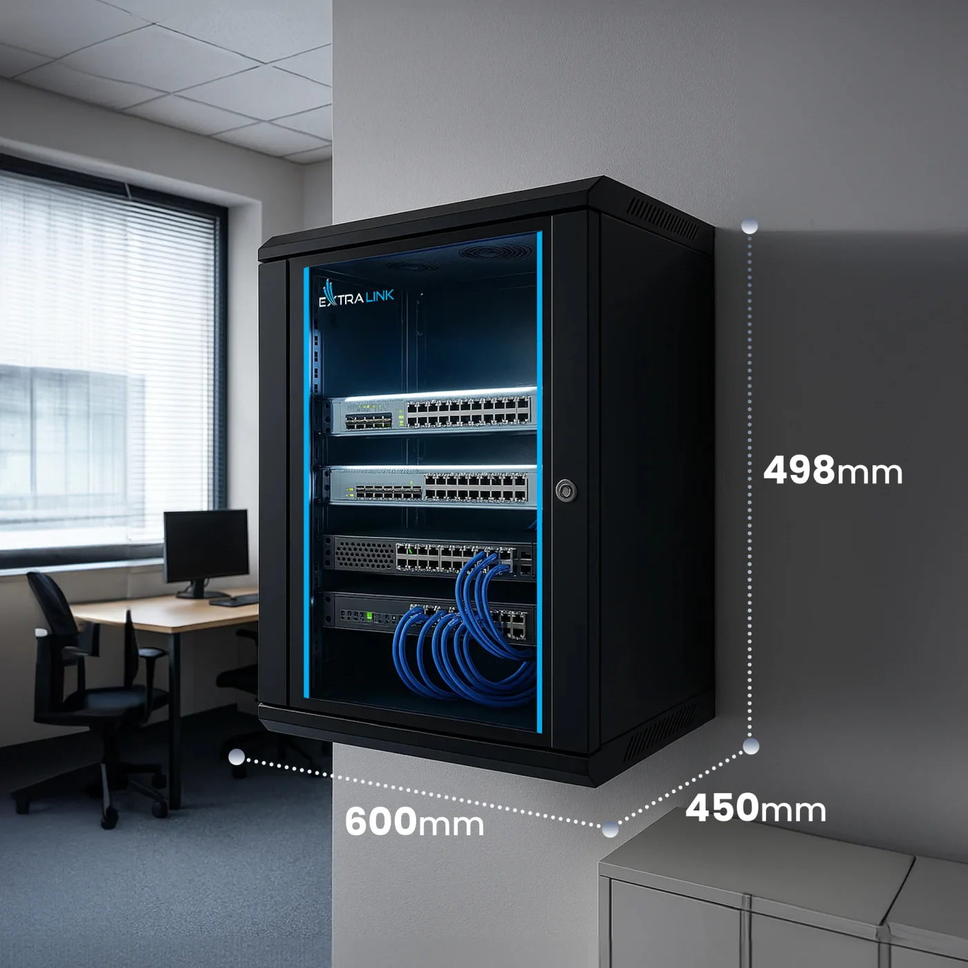 Extralink 9U 600x450 Preto | armário rack | montagem na parede