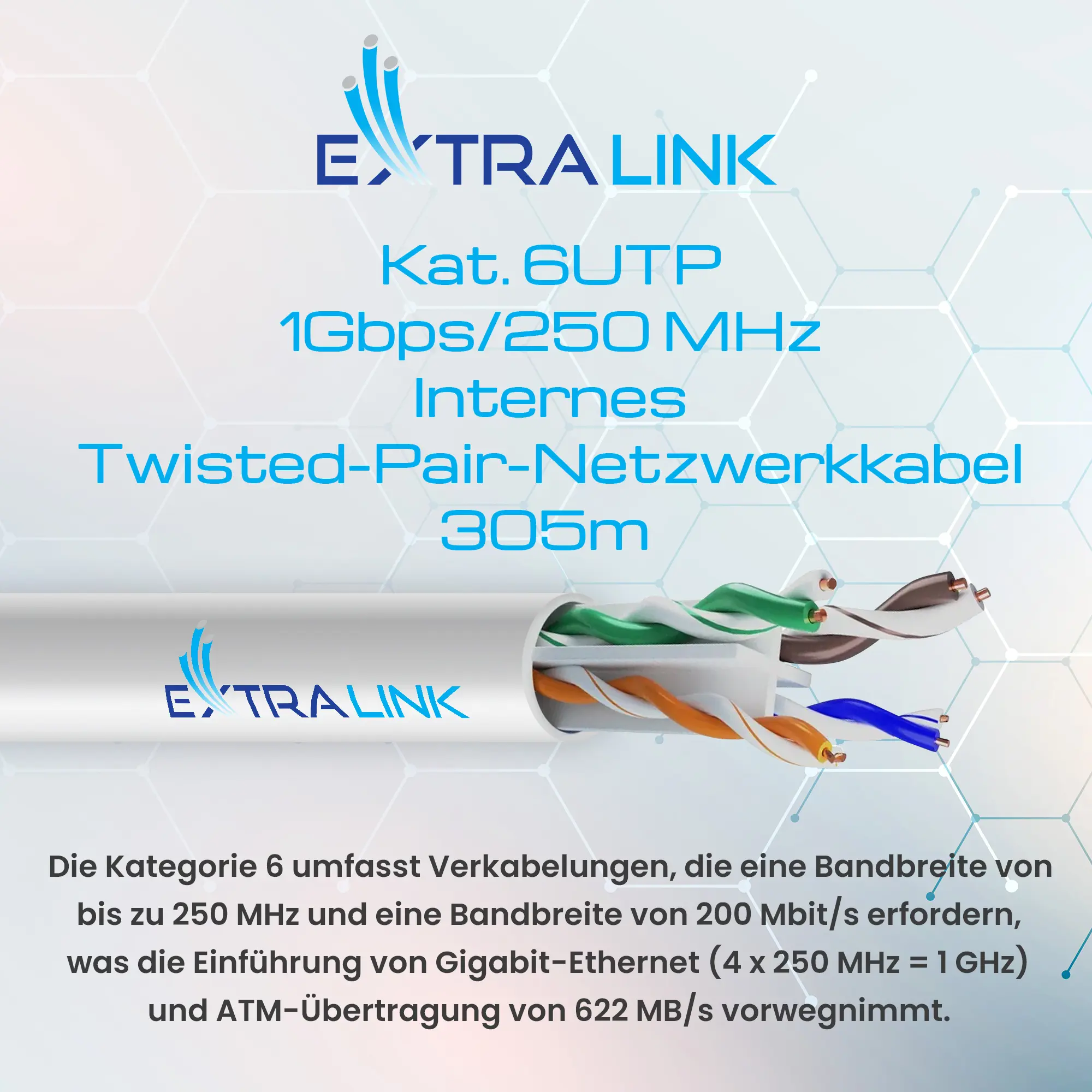 EXTRALINK CAT6 UTP (U/UTP) V2 VERDRILLTE ZWEIDRAHTLEITUNG FÜR DEN INNENBEREICH 305M