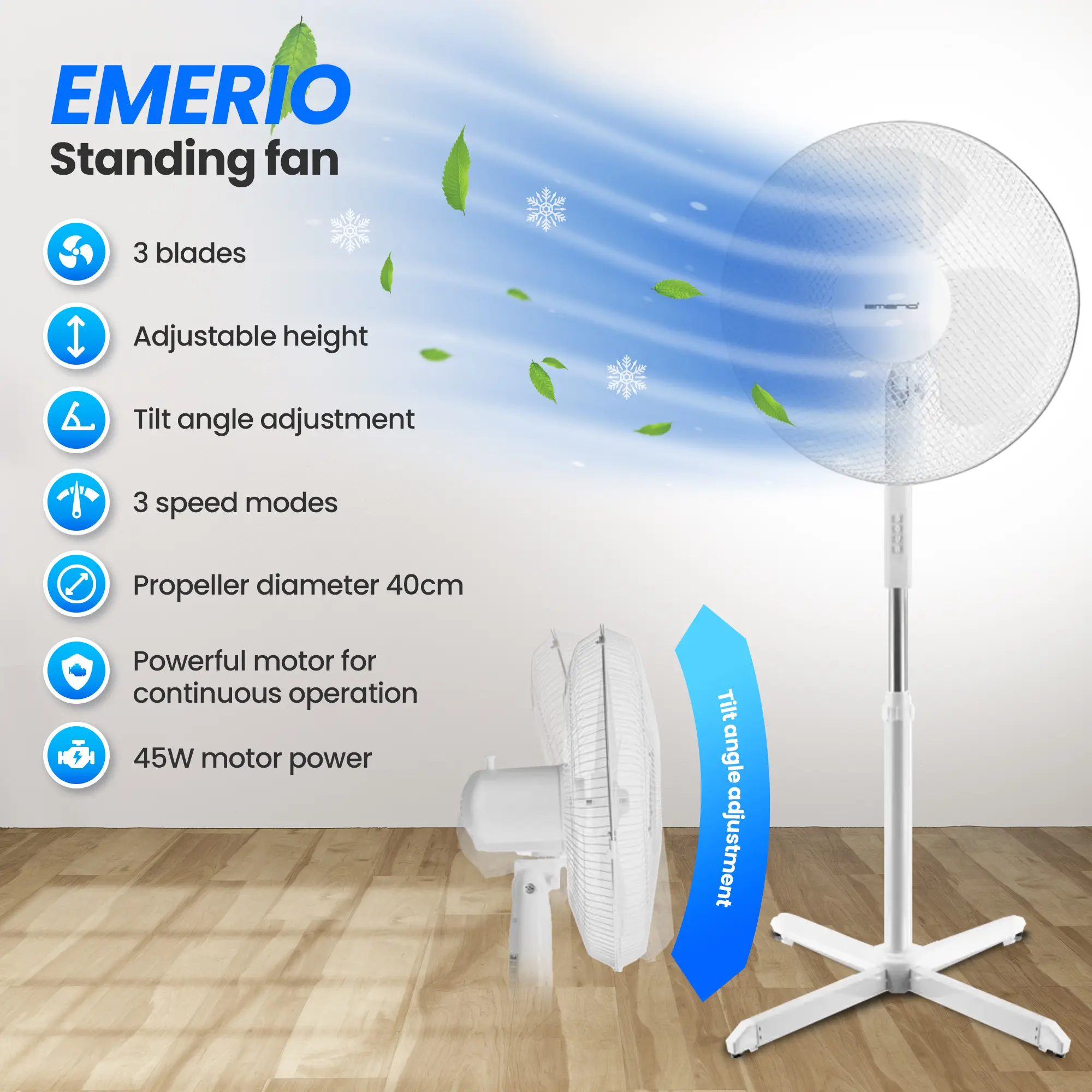 EMERIO FN-114204 DİKİLİ FAN 40CM, 3 KANATLI, 3 HIZ AYARLI, BEYAZ