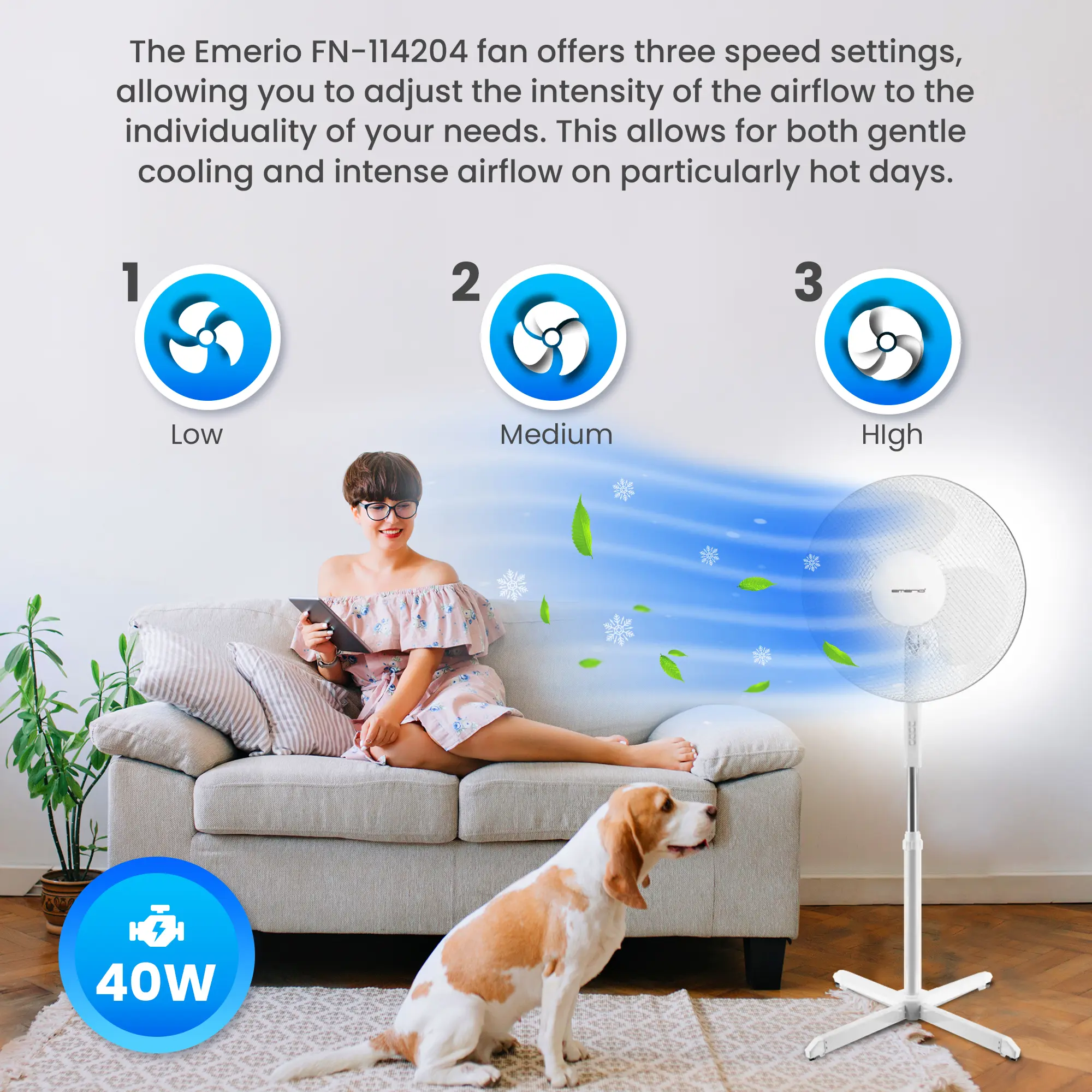 EMERIO FN-114204 DİKİLİ FAN 40CM, 3 KANATLI, 3 HIZ AYARLI, BEYAZ