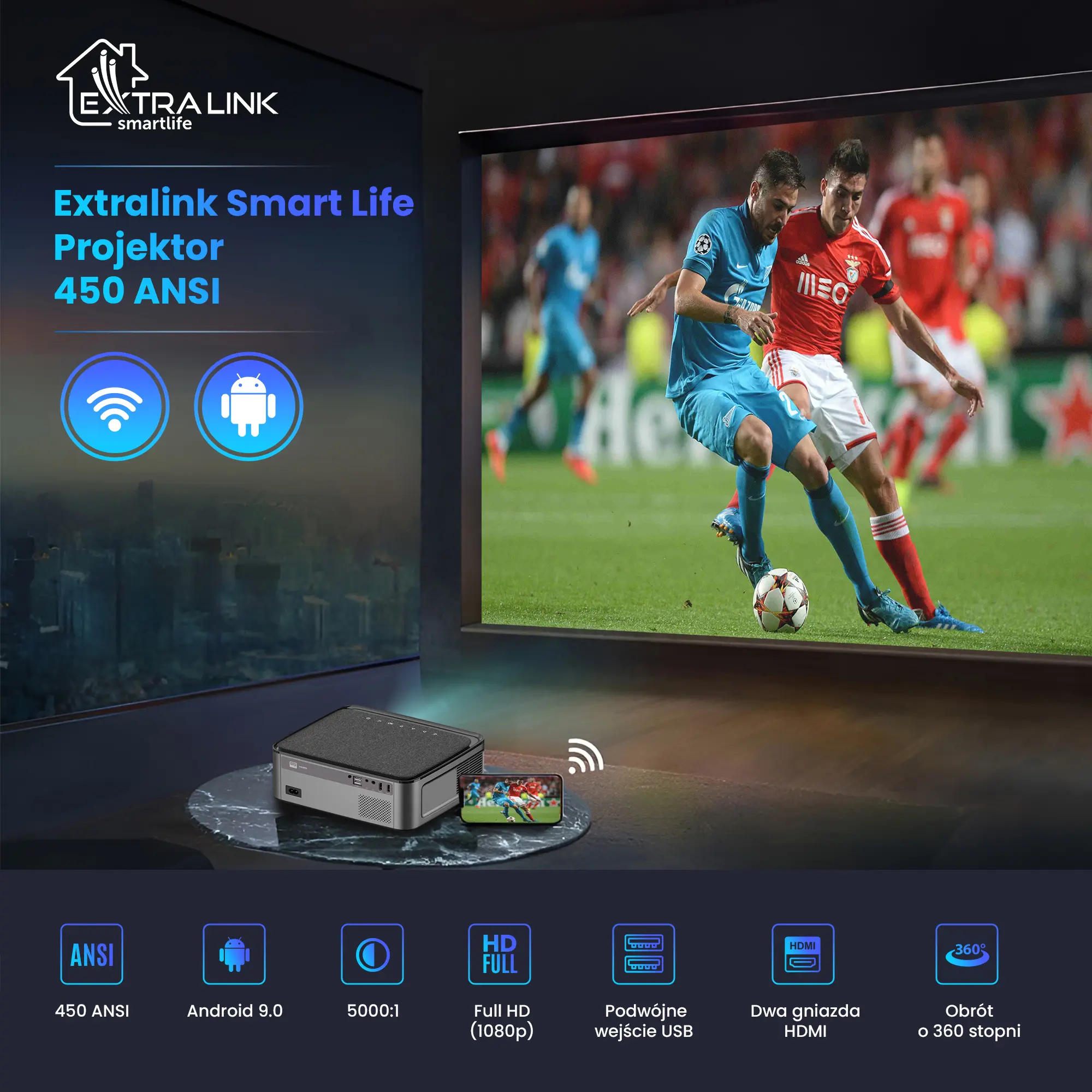EXTRALINK SMART LIFE VISION PRO, SMART PROJECTOR, 450 ANSI, 1080P, ANDROID 9.0, ESP-450FHD