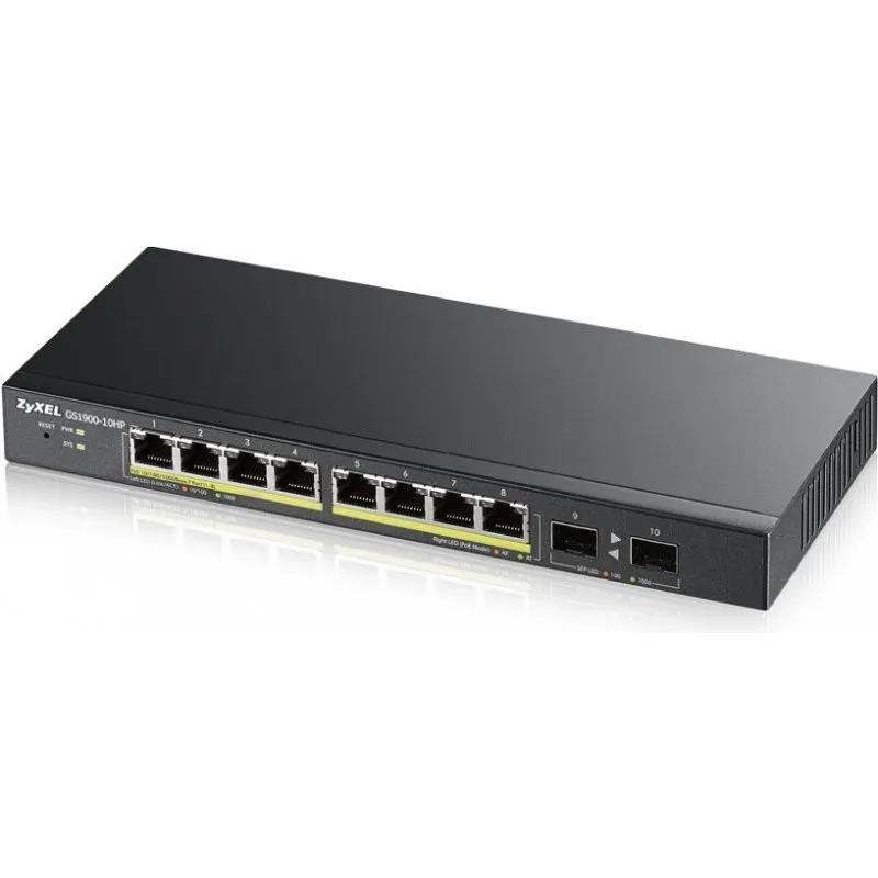 ZYXEL GS1900-10HP Anahtar, 8x RJ45 1000Mb/s PoE, 2x SFP, 77W, Yönetilebilir