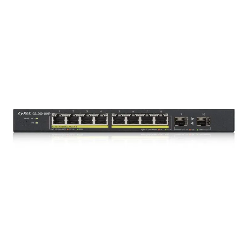 ZYXEL GS1900-10HP Anahtar, 8x RJ45 1000Mb/s PoE, 2x SFP, 77W, Yönetilebilir