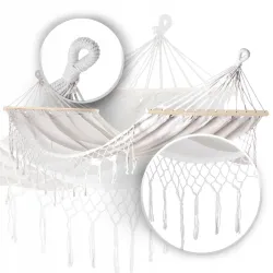 Black Forest Hamak biały z frędzlami 1 osobowy 200x100cm ze stelażem