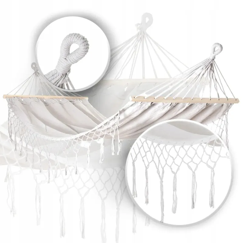 Black Forest Hamak biały z frędzlami 1 osobowy 200x100cm ze stelażem