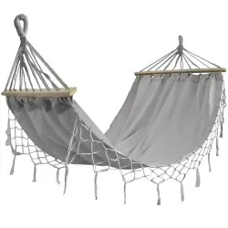 Black Forest Hammock, gray with fringes, single 200x100cm with stand