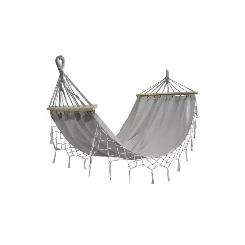 Black Forest Hammock, gray with fringes, single 200x100cm with stand