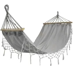 Black Forest Hammock, Gray with Fringes, 2-Person 200x150cm with Stand
