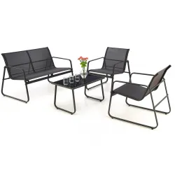 Black Forest Garden Furniture Set, Texteline Two Chairs + Lounger + Folding Table Black
