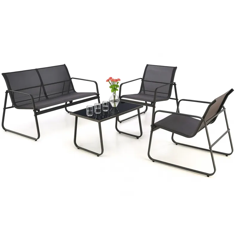 Black Forest Garden Furniture Set, Texteline Two Chairs + Lounger + Folding Table Black