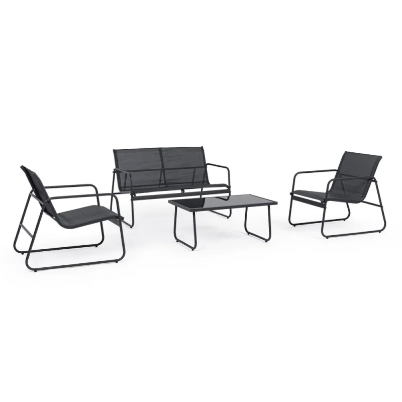Black Forest Garden Furniture Set, Texteline Two Chairs + Lounger + Folding Table Black