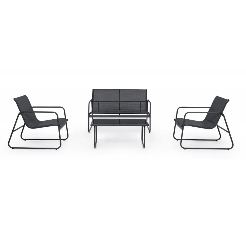 Black Forest Garden Furniture Set, Texteline Two Chairs + Lounger + Folding Table Black