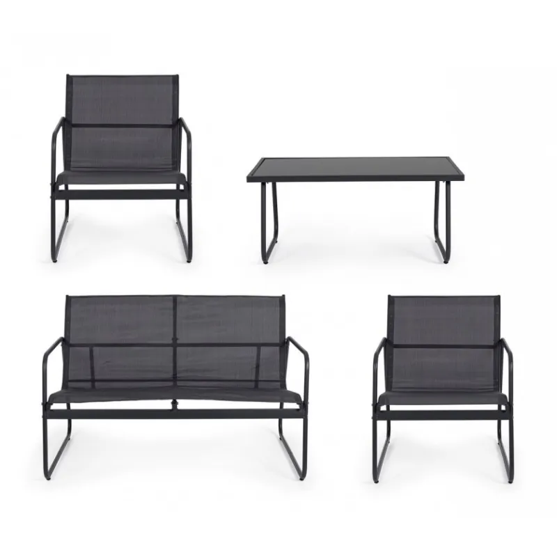 Black Forest Garden Furniture Set, Texteline Two Chairs + Lounger + Folding Table Black