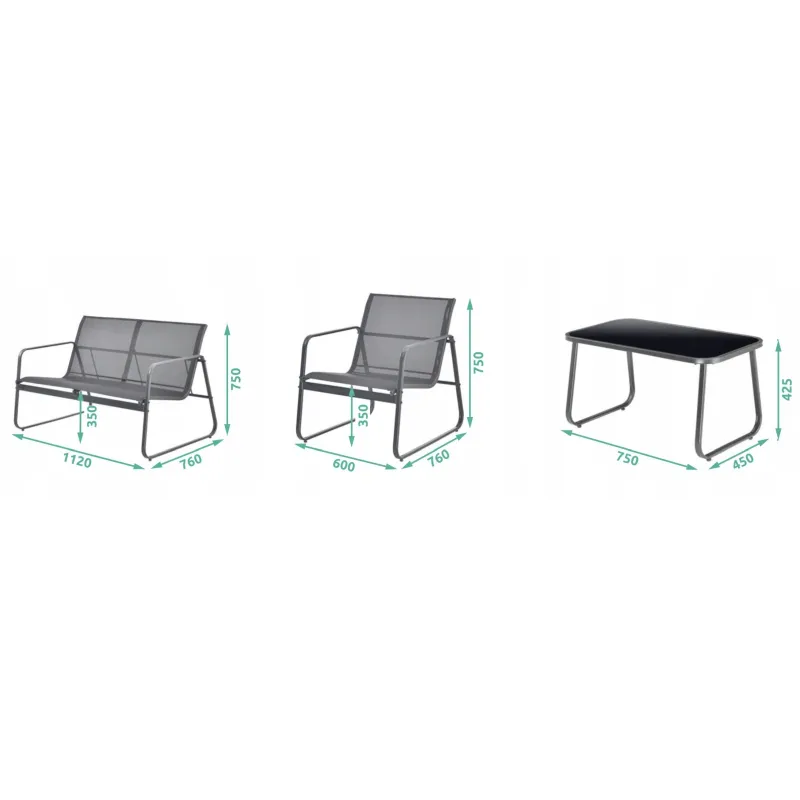Black Forest Garden Furniture Set, Texteline Two Chairs + Lounger + Folding Table Black