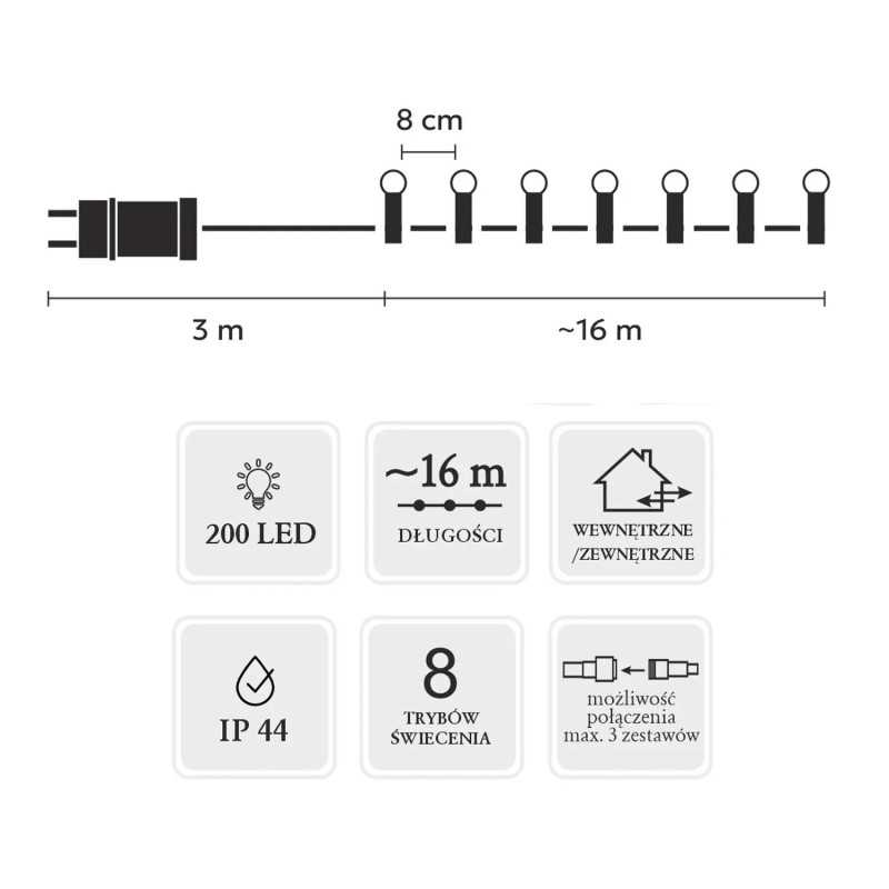 Luzes LED Extralink, 200 Bolas Branco Quente, Comprimento 3 + 16 m - Imagem 3