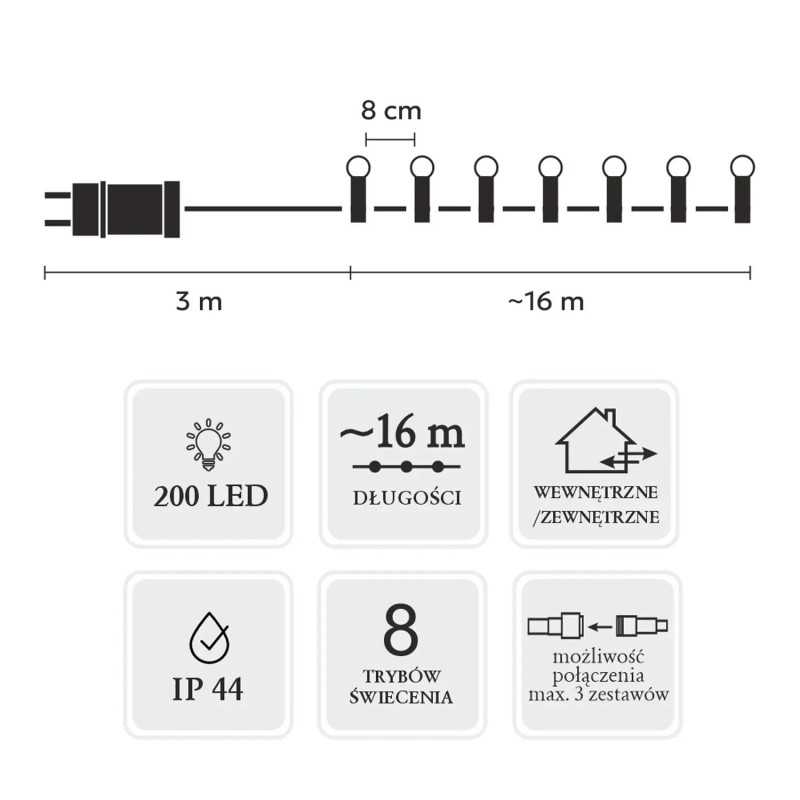 EXTRALINK LAMPKI LED KULKI 200L ZIMNY BIAŁY, DŁ. 3 + 16 M *0153 - Immagine 3