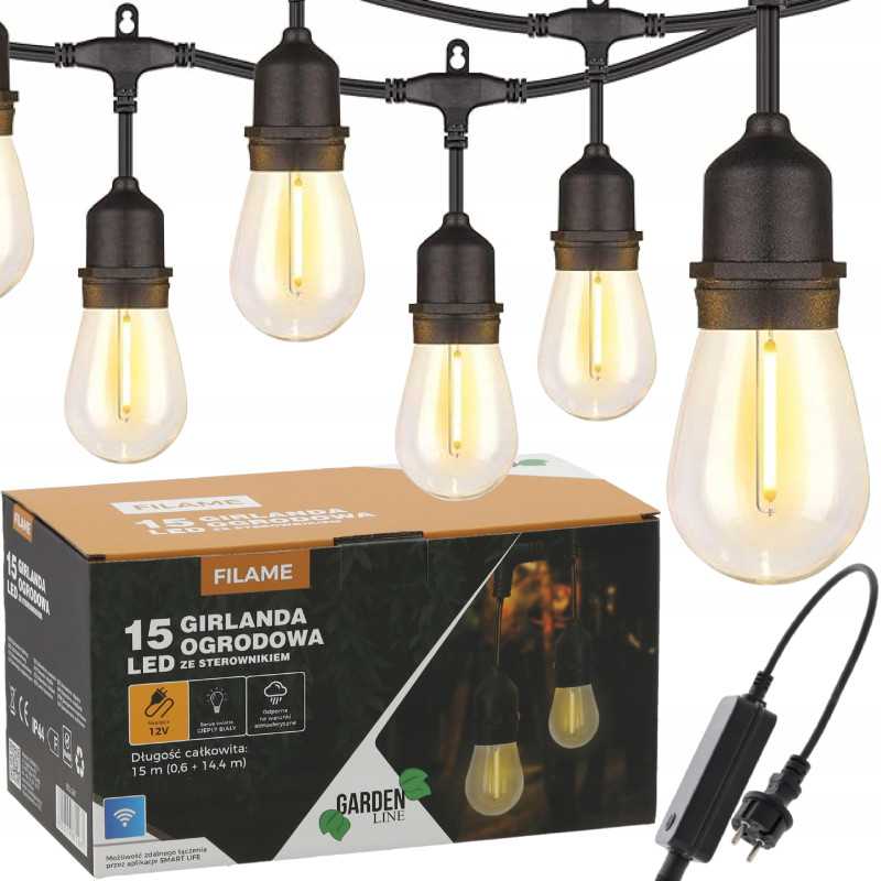 Extralink Garden String Lights with 12V Controller, 0.6 + 14.4 m, 15 Warm White LED Filament with Clips