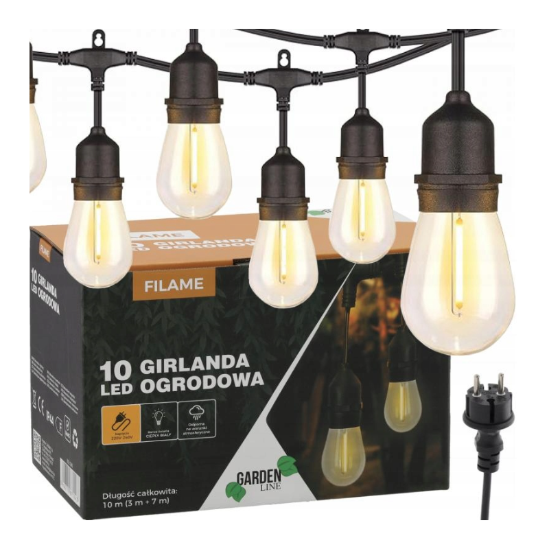 Extralink | Girlanda ogrodowa 230 V | dł. 3 + 7 m filame 10 LED ciepły biały z uchwytami