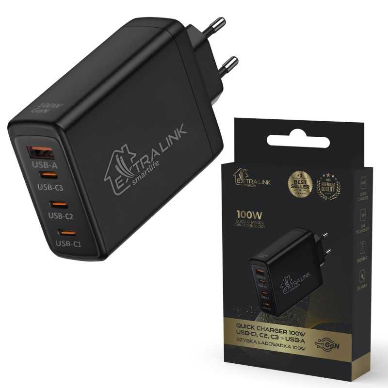 Carregador Extralink Smart Life Rápido 100W GaN, 3x USB-C, USB-A, CHARESL01