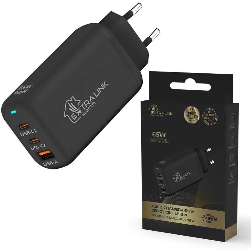 Зарядное устройство Extralink Smart Life Fast Charger 65W GaN, 2x USB-C, USB-A, CHARESL02