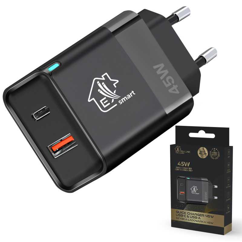 Зарядное устройство Extralink Smart Life Fast Charger 45W GaN, USB-C, USB-A