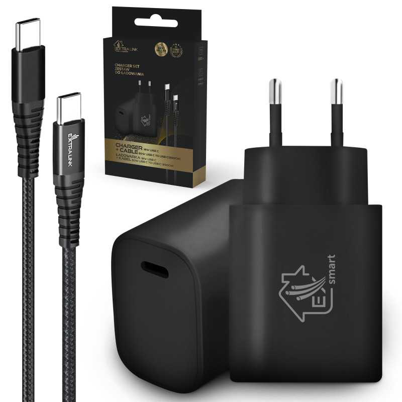 Набор USB Type-C к Type-C, 200 см, Черный + Зарядное устройство 18W PD3.0 Extralink Smart Life, Черное