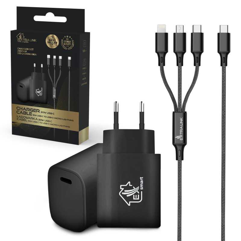 Кабель 3 в 1 + зарядное устройство Extralink Smart Life SET03, 12 Вт, 120 см / 20 Вт PD3.0 5 В/3 А 9 В/2,2 А 12 В 1,67 А (черный