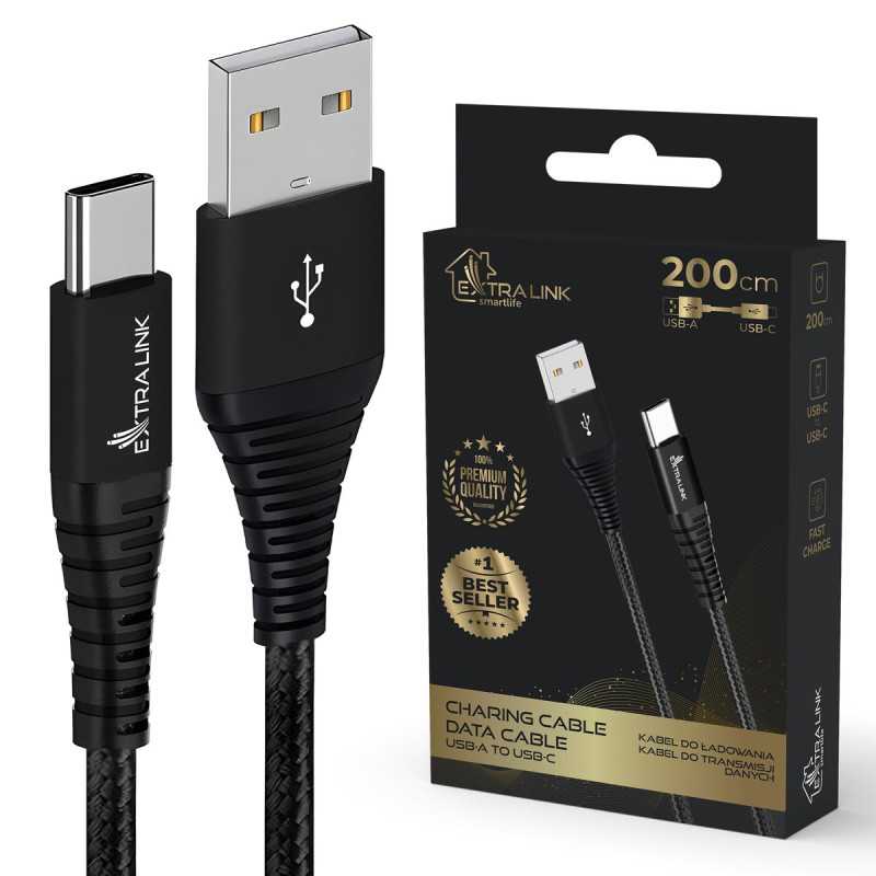 Кабель USB Extralink Smart Life плетеный 15W USB Type-A на Type-C 2м Черный, 5V 3A