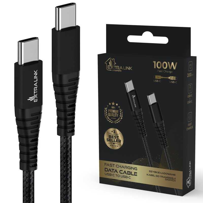 Кабель USB Type-C Extralink Smart Life с плетением 100W USB Type-C на Type-C 2м Черный, 480 Mbps, 20V 5A