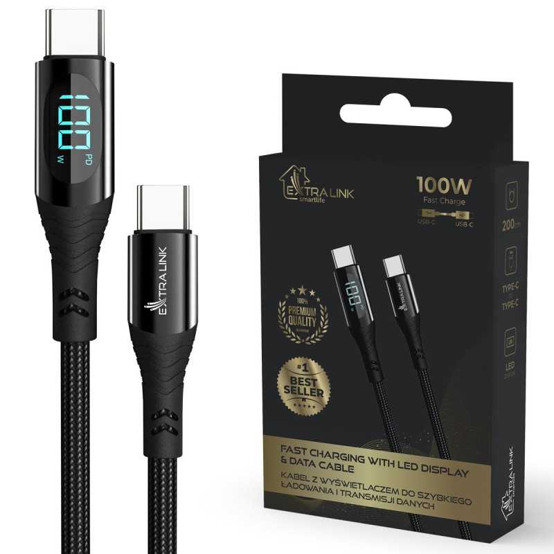 Cabo USB-C Extralink Smart Life USB Type-C para Type-C trançado Preto com display LED, 100W, 200cm
