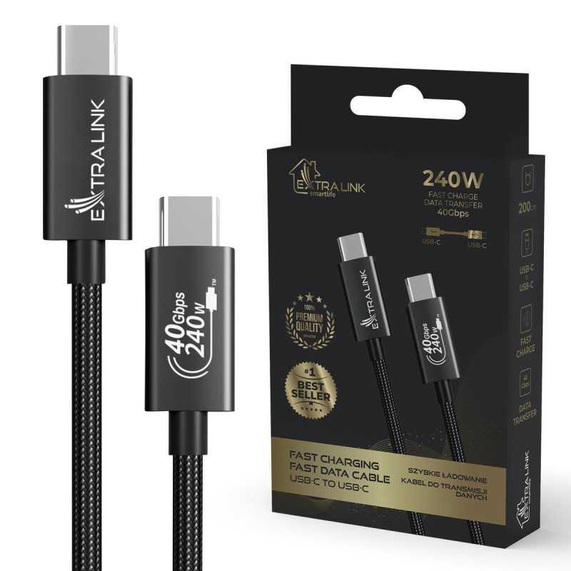 Extralink Smart Life USB Type-C'den Type-C'ye Örgü Kablo Siyah, 240W, 40Gbps, 200cm