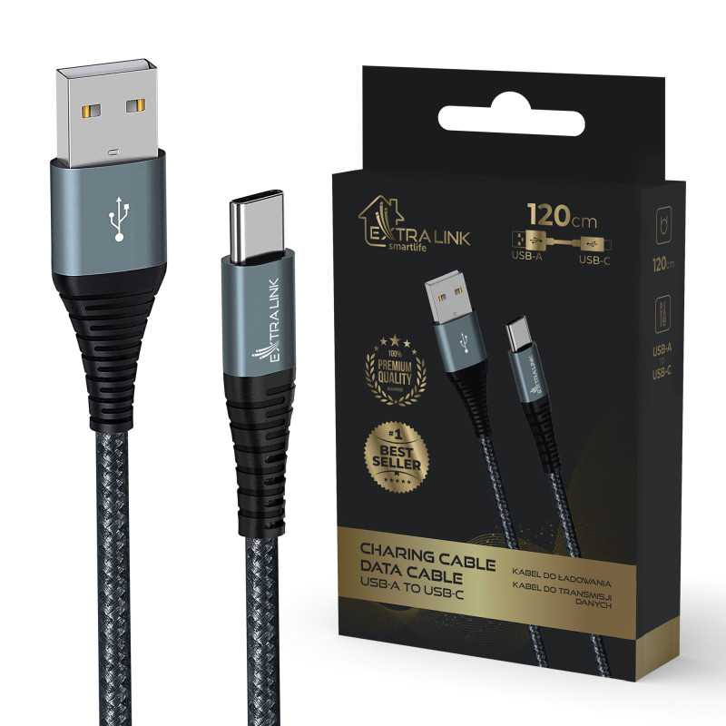 Extralink Smart Life USB Type-A'dan Type-C'ye Kablo, Siyah, 120cm
