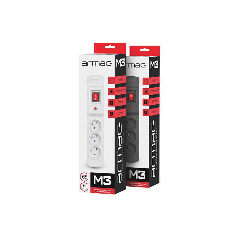 Armac Multi M3 | Tira de força | sistema anti-surge, 3 tomadas, cabo de 1.5m, preto - Imagem 3