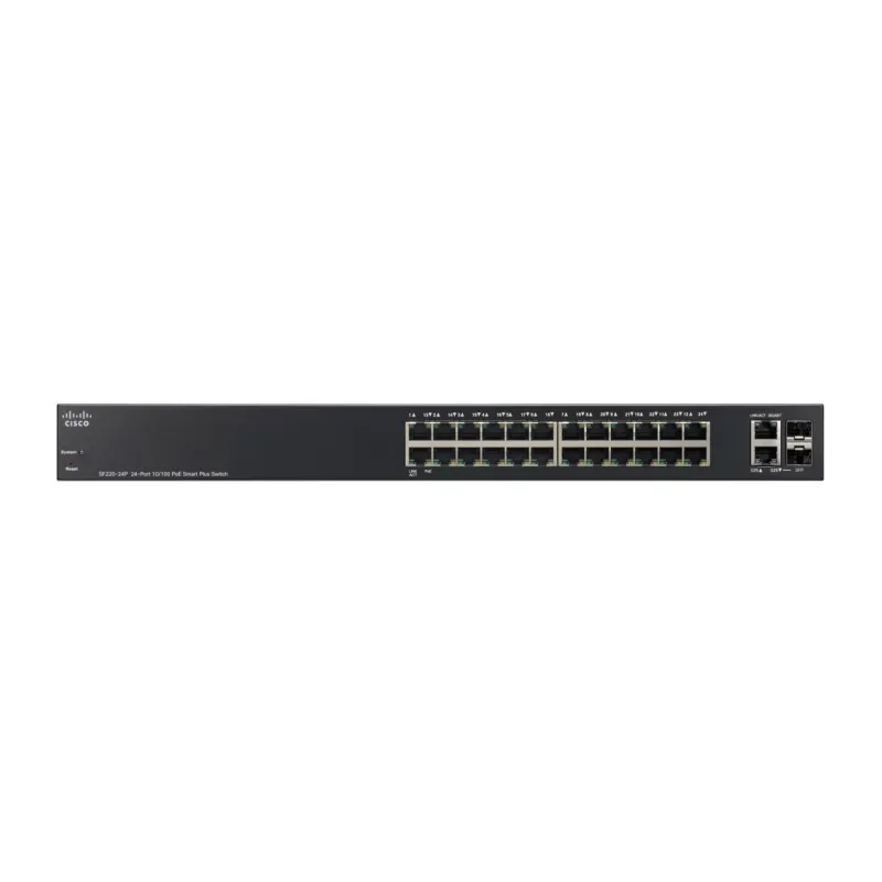Cisco SF220-24P Switch 24x 100Mb/s, 2x SFP/RJ45 Combo, 24x PoE, 180 W, Zarządzalny, Obudowa Rack