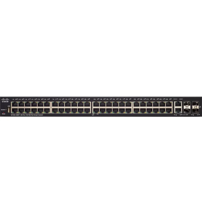 Cisco SF250-48HP Anahtarı, 48x 100Mb/s PoE/PoE+, 2x 1Gb/s Combo + 2x SFP, PoE 195W, Yönetilebilir