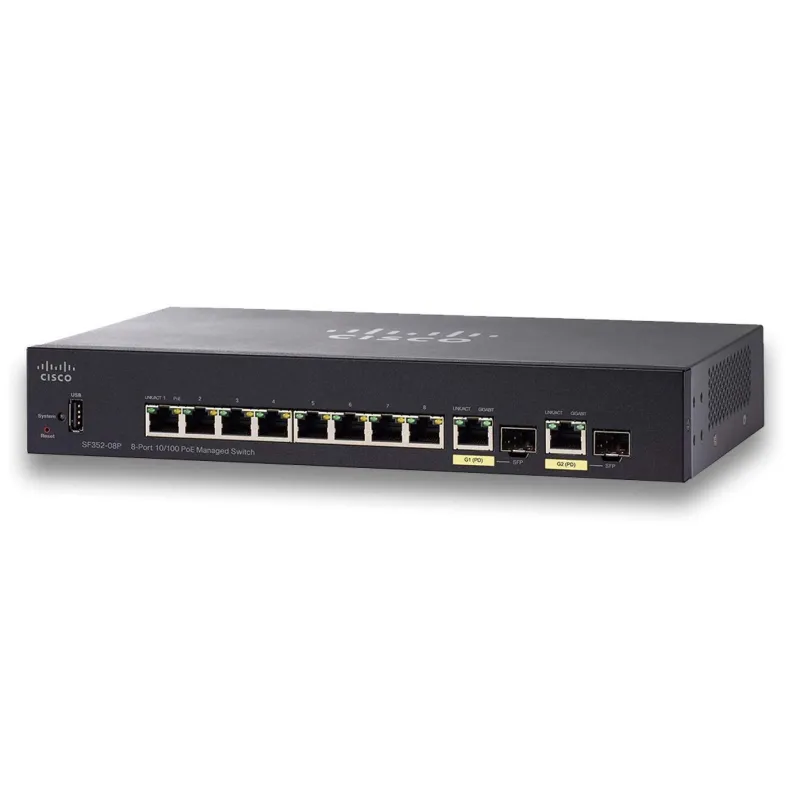 Cisco SF352-08P Switch 8x 100Mb/s Max PoE, 62W, 2x 1Gb/s Combo(RJ45/SFP) , gestito