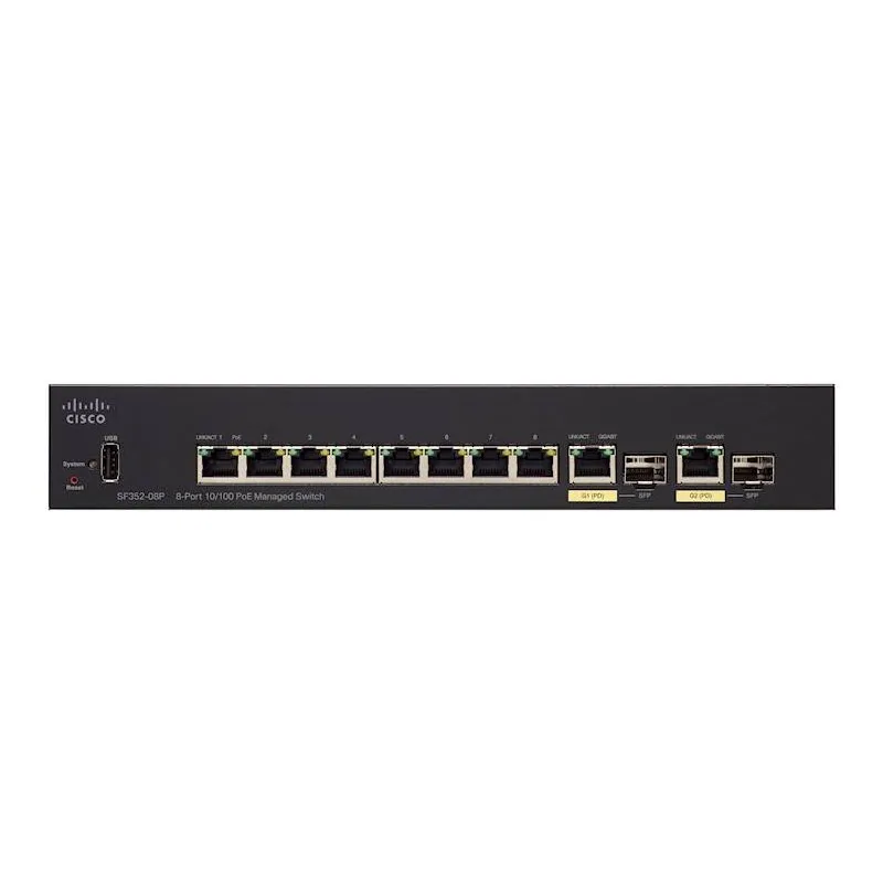 Cisco SF352-08P Switch 8x 100Mb/s Max PoE, 62W, 2x 1Gb/s Combo(RJ45/SFP) , Zarządzalny