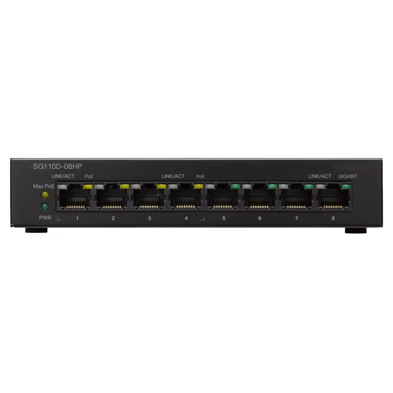 Cisco SG110D-08HP PoE Anahtarı, 8x 1000Mb/s, 4x PoE 802.3af, Masaüstü Kasa