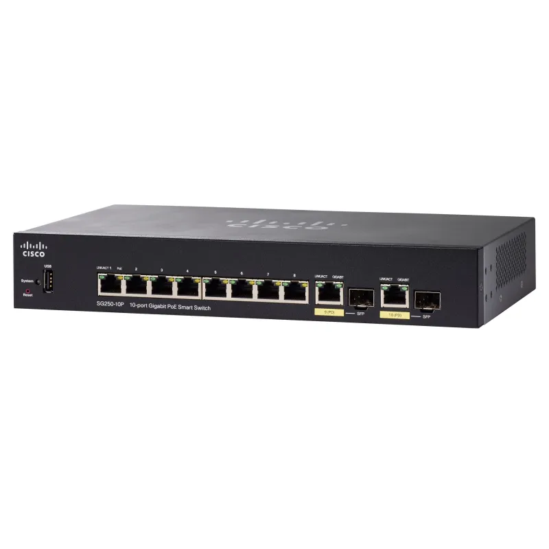 Cisco SG250-10P PoE Switch 8x 1000Mb/s PoE/PoE+, 2x 1Gb/s Combo, 62W, PoE In, Managed