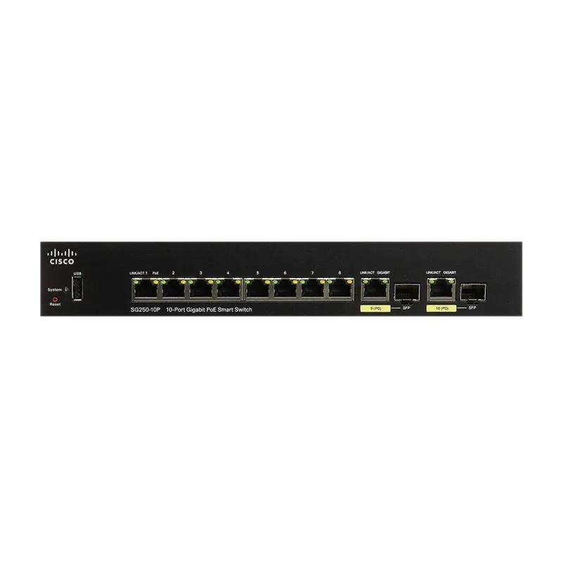 Cisco SG250-10P PoE Switch 8x 1000Mb/s PoE/PoE+, 2x 1Gb/s Combo, 62W, PoE In, gerenciado