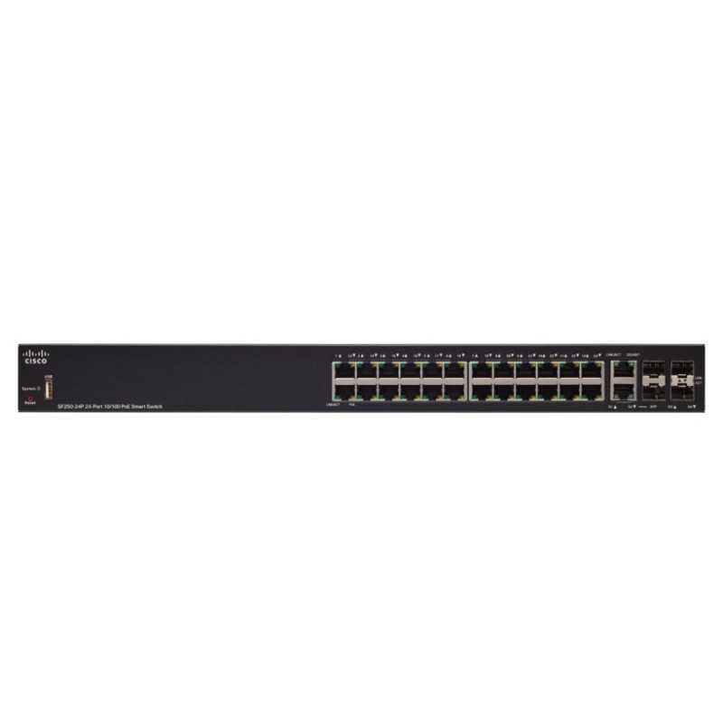 Cisco SF250-24P | Switch | 24x 100Mb/s PoE/PoE+, 2x 1Gb/s Combo(RJ45/SFP), PoE 185W, gestionado - Imagen 2