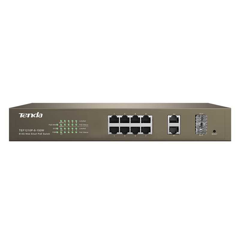 Switch Tenda TEF1210P-8, 8x 10/100MPBS PoE, 2x GE + 2x SFP, Uplink Combo, 123W