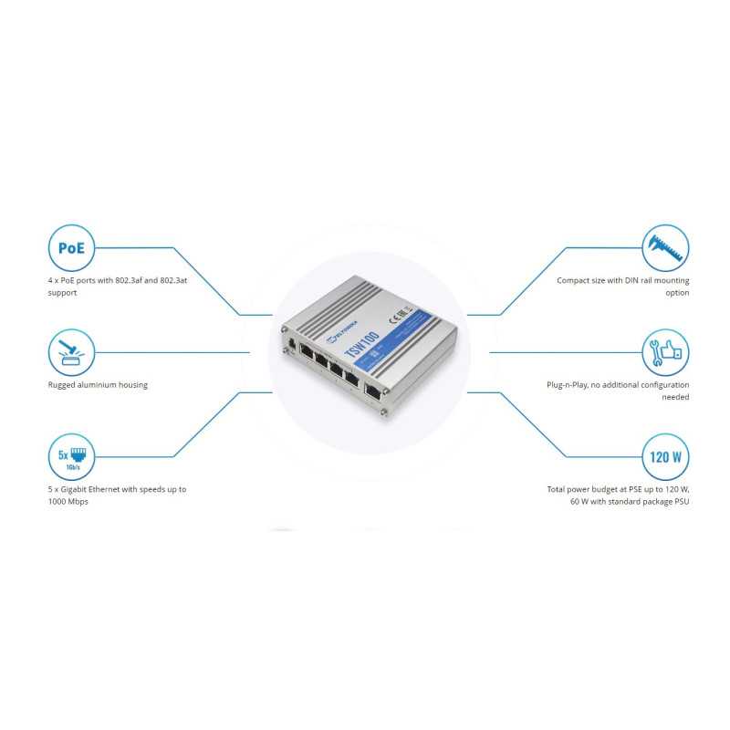 Teltonika TSW100 | Switch PoE | 5x RJ45 1000Mb/s, 4x PoE, 60W - Obrázek 5