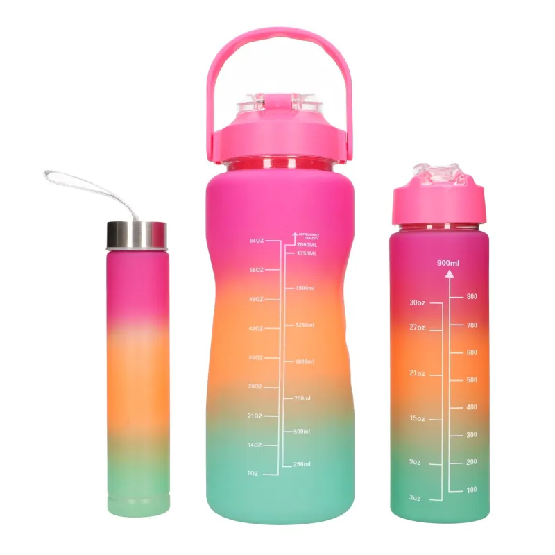 Extralink | Bidon motywacyjny 3w1 | zestaw, różowy-pomarańczowy, 2000ml+900ml+300ml - Zdjęcie 2
