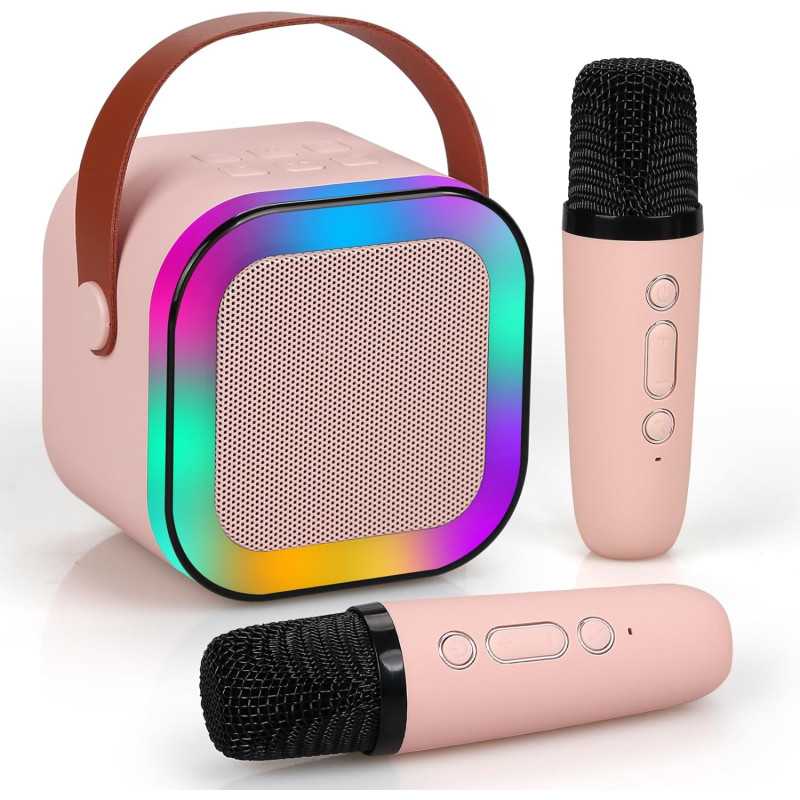 Extralink Kids Mini Karaoke LED Speaker 2x Mic Pink | Karaoke-Set | Lautsprecher, 2x Mikrofon, Bluetooth, AUX, SD-Kartenslot, RG
