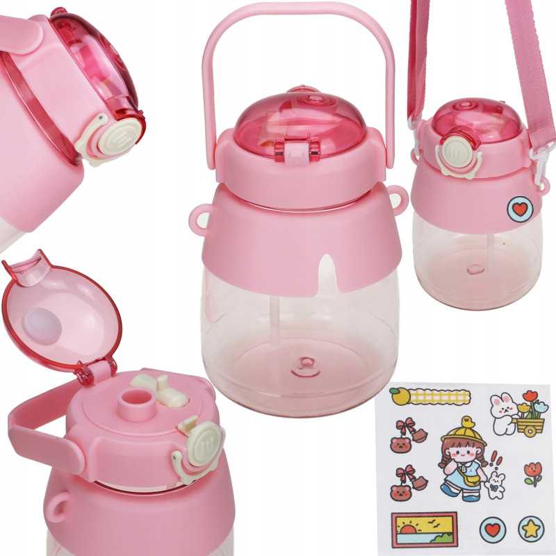 Extralink | Bottle for school, kindergarten | water bottle, with straw, strap, 1L, pink - Image 2
