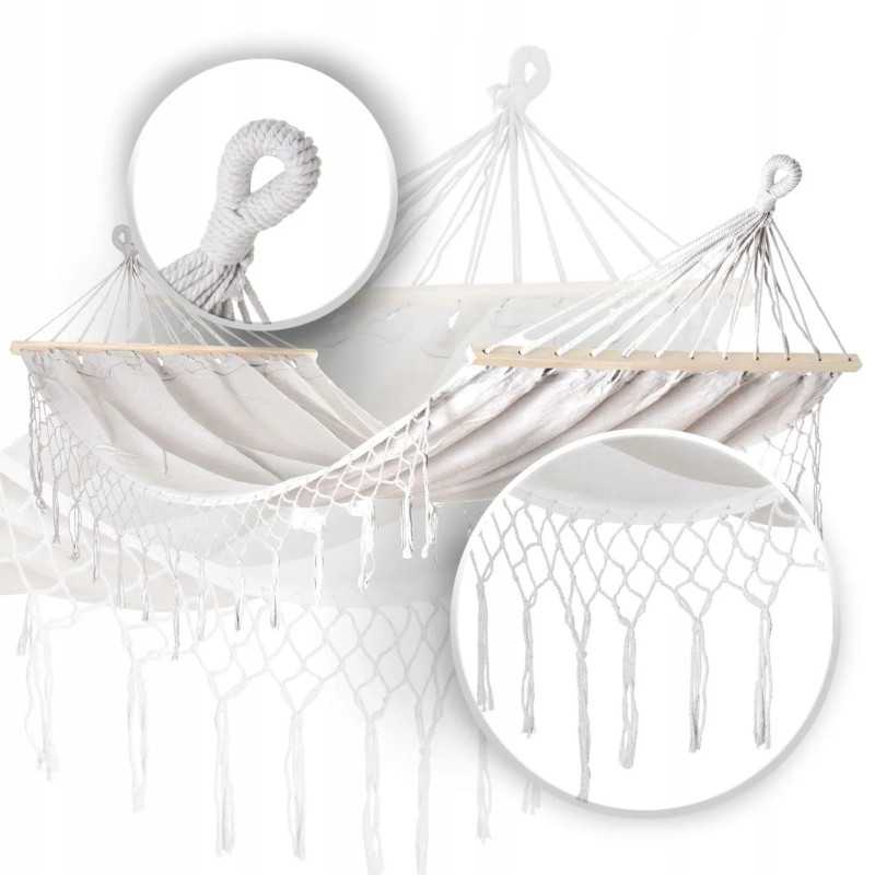 Hamaca Black Forest, Blanca con Flecos, Individual 200x100cm con Estructura - Imagen 2