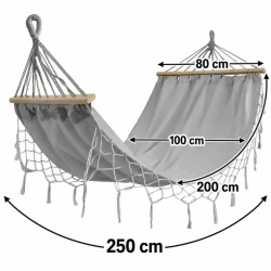 Black Forest Hammock, gray with fringes, single 200x100cm with stand - Image 3