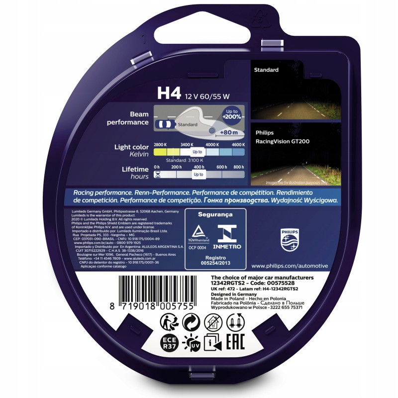 PHILIPS RACINGVISION GT200 H4 12 V 60/55 W, 2 SZT - Imagen 3