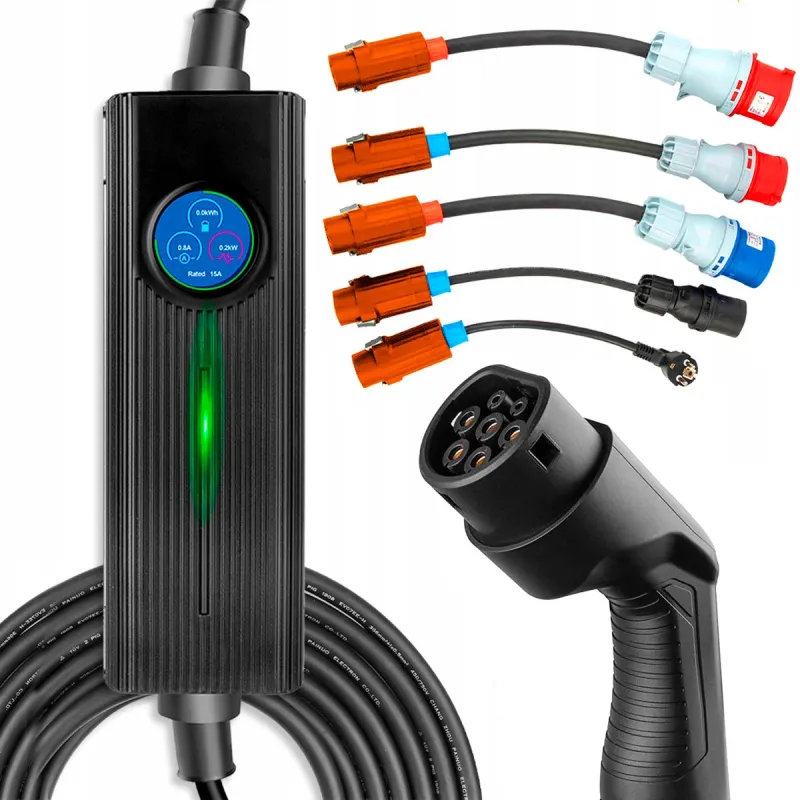 Extralink BS-PCD050 32A 16kW 3F Schuko Przenośna ładowarka 3-fazowa do samochodu elektrycznego 5m, ekran dotykowy, 6 adapterów